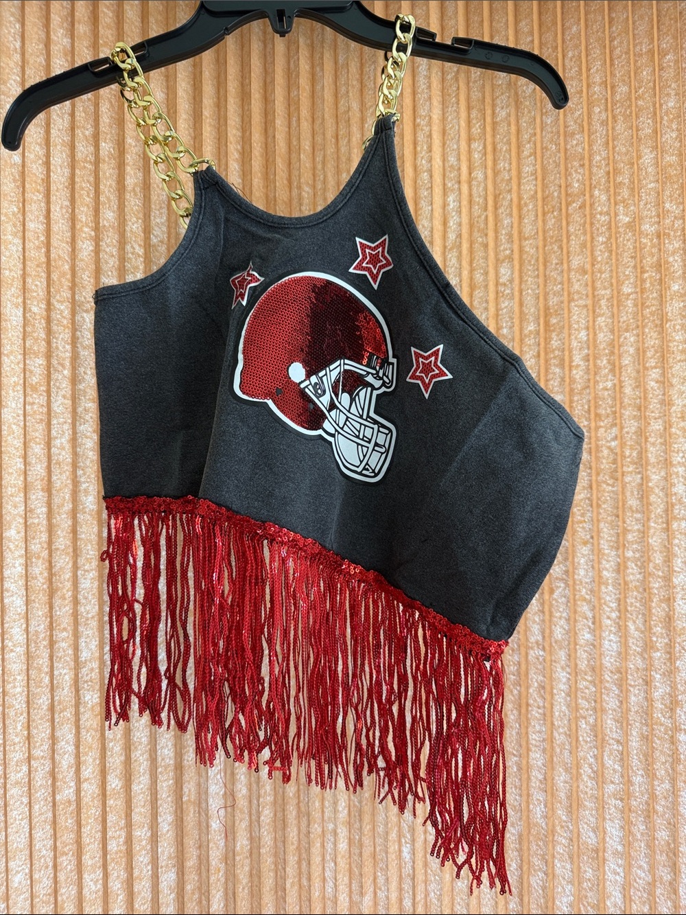 Blue B Collection Black Tank Top with Red Fringe and Football Helmet Graphic S